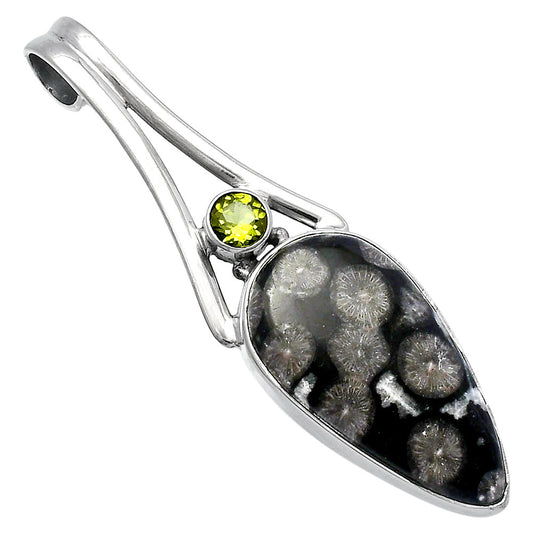 Black Flower Fossil Coral & Peridot Pendant P-1006 SDP142978