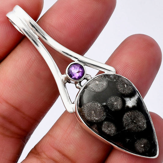 Black Flower Fossil Coral & Amethyst Pendant P-1006 SDP142982