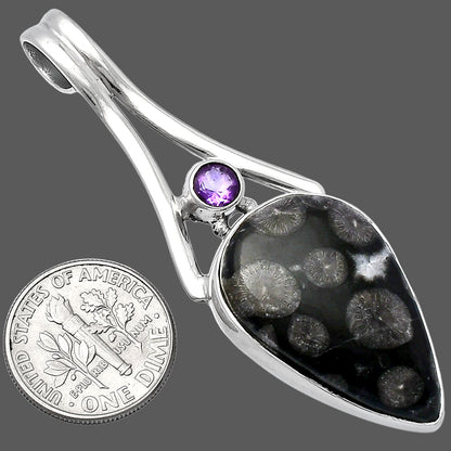 Black Flower Fossil Coral & Amethyst Pendant P-1006 SDP142982