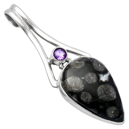 Black Flower Fossil Coral & Amethyst Pendant P-1006 SDP142982