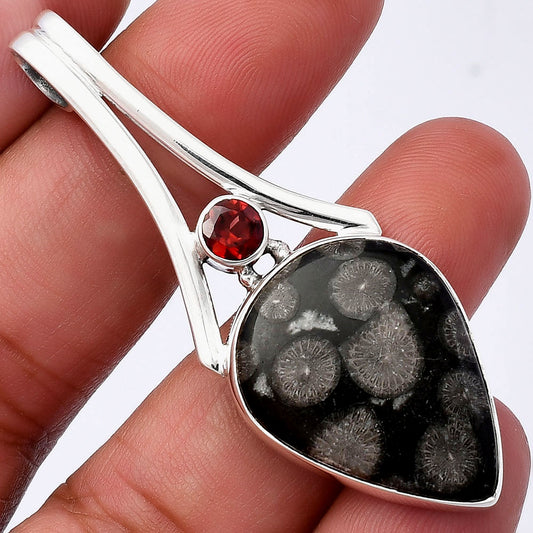 Black Flower Fossil Coral & Garnet Pendant P-1006 SDP142983
