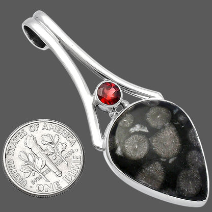 Black Flower Fossil Coral & Garnet Pendant P-1006 SDP142983