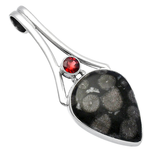 Black Flower Fossil Coral & Garnet Pendant P-1006 SDP142983