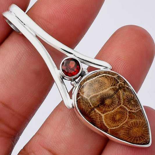Natural Flower Fossil Coral & Garnet Pendant P-1006 SDP143004