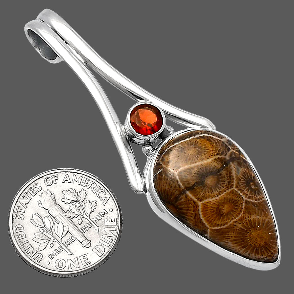 Natural Flower Fossil Coral & Garnet Pendant P-1006 SDP143004