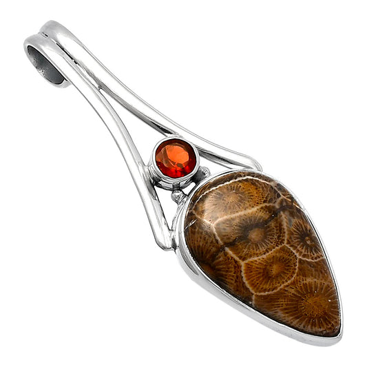 Natural Flower Fossil Coral & Garnet Pendant P-1006 SDP143004
