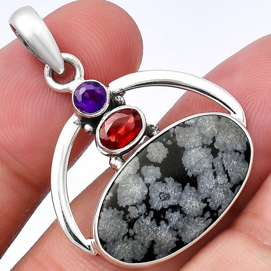 Natural Snow Flake Obsidian, Garnet & Amethyst Pendant P-1129 SDP143070