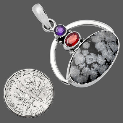 Natural Snow Flake Obsidian, Garnet & Amethyst Pendant P-1129 SDP143070