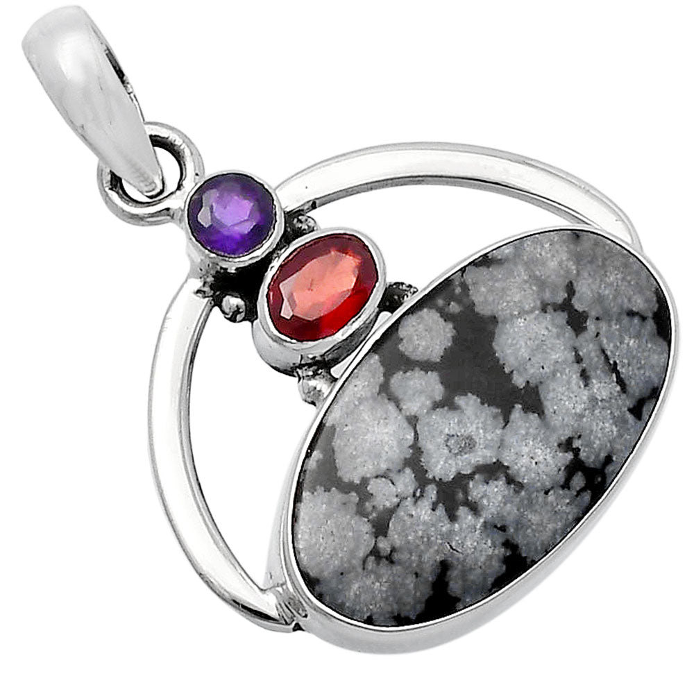 Natural Snow Flake Obsidian, Garnet & Amethyst Pendant P-1129 SDP143070