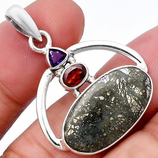 Nipomo Marcasite Agate, Garnet & Amethyst Pendant P-1129 SDP143072