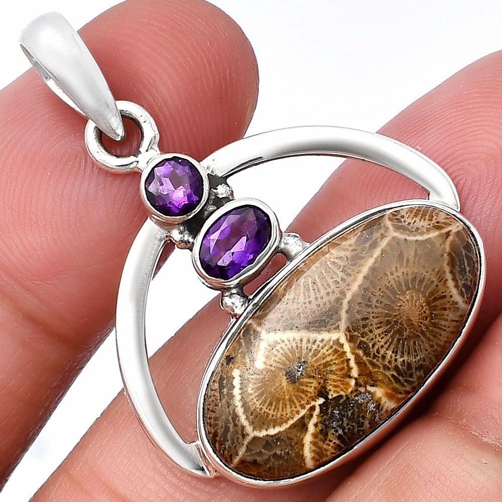 Flower Fossil Coral & Amethyst Pendant P-1129 SDP143073