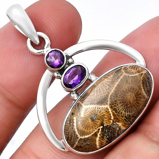 Flower Fossil Coral & Amethyst Pendant P-1129 SDP143073