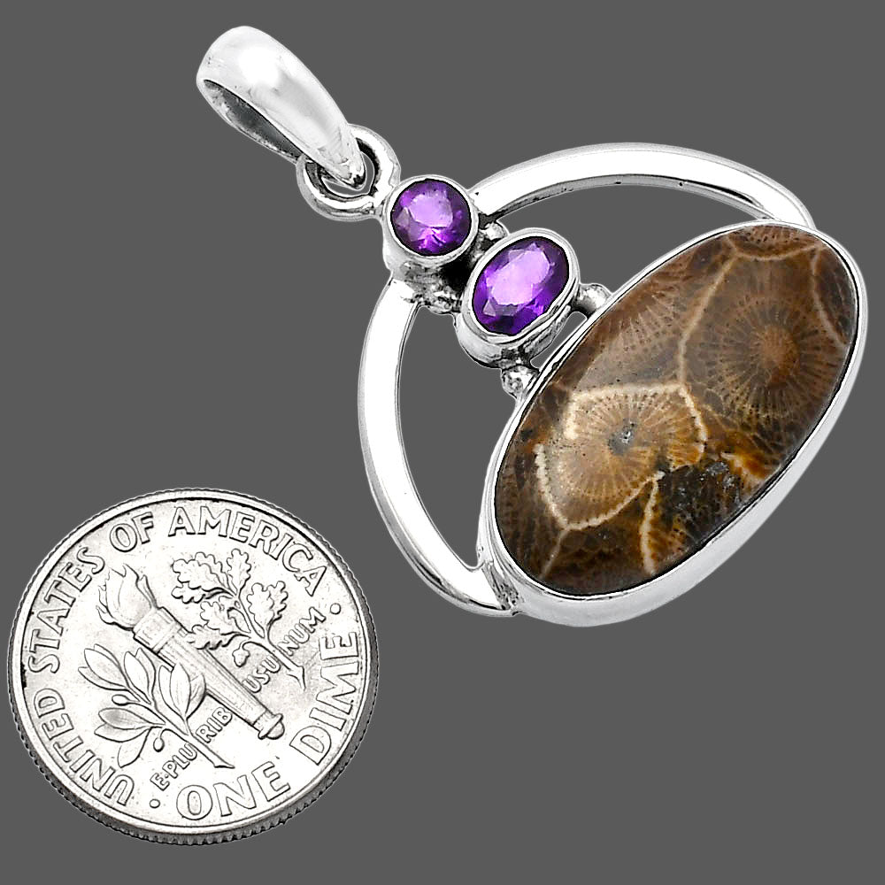 Flower Fossil Coral & Amethyst Pendant P-1129 SDP143073