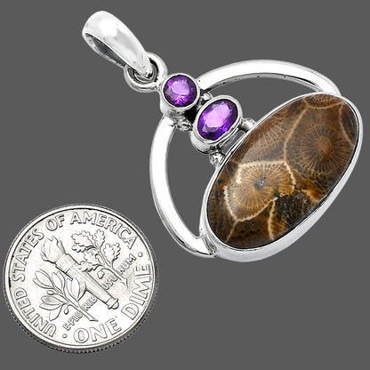 Flower Fossil Coral & Amethyst Pendant P-1129 SDP143073