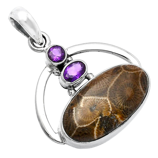 Flower Fossil Coral & Amethyst Pendant P-1129 SDP143073