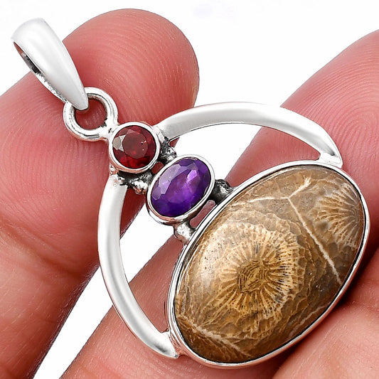 Natural Flower Fossil Coral, Amethyst & Garnet Pendant P-1129 SDP143079