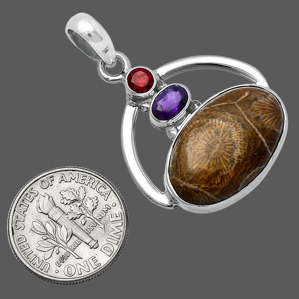 Natural Flower Fossil Coral, Amethyst & Garnet Pendant P-1129 SDP143079