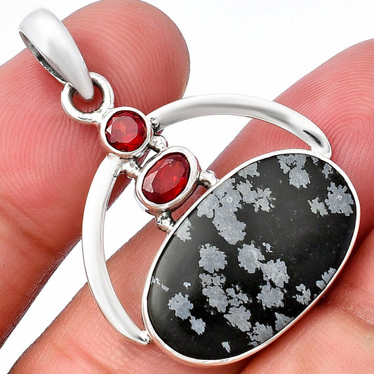 Natural Snow Flake Obsidian & Garnet Pendant P-1129 SDP143098
