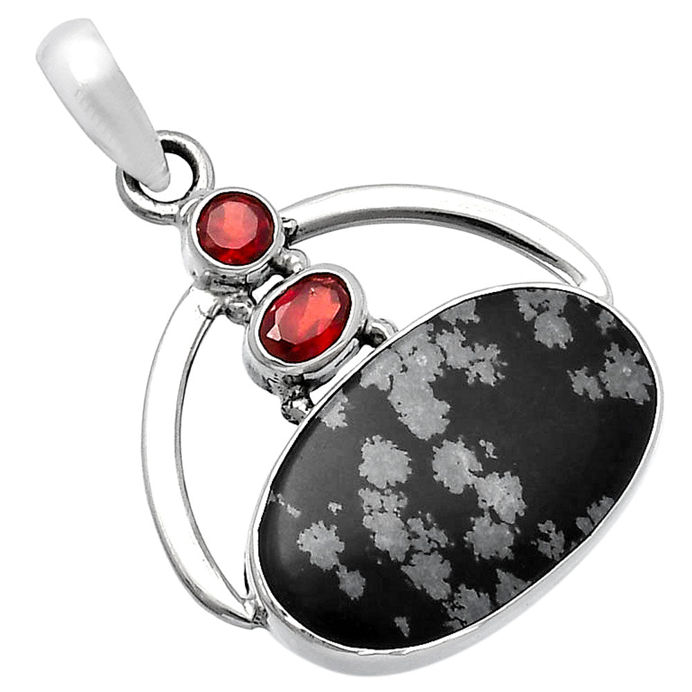 Natural Snow Flake Obsidian & Garnet Pendant P-1129 SDP143098