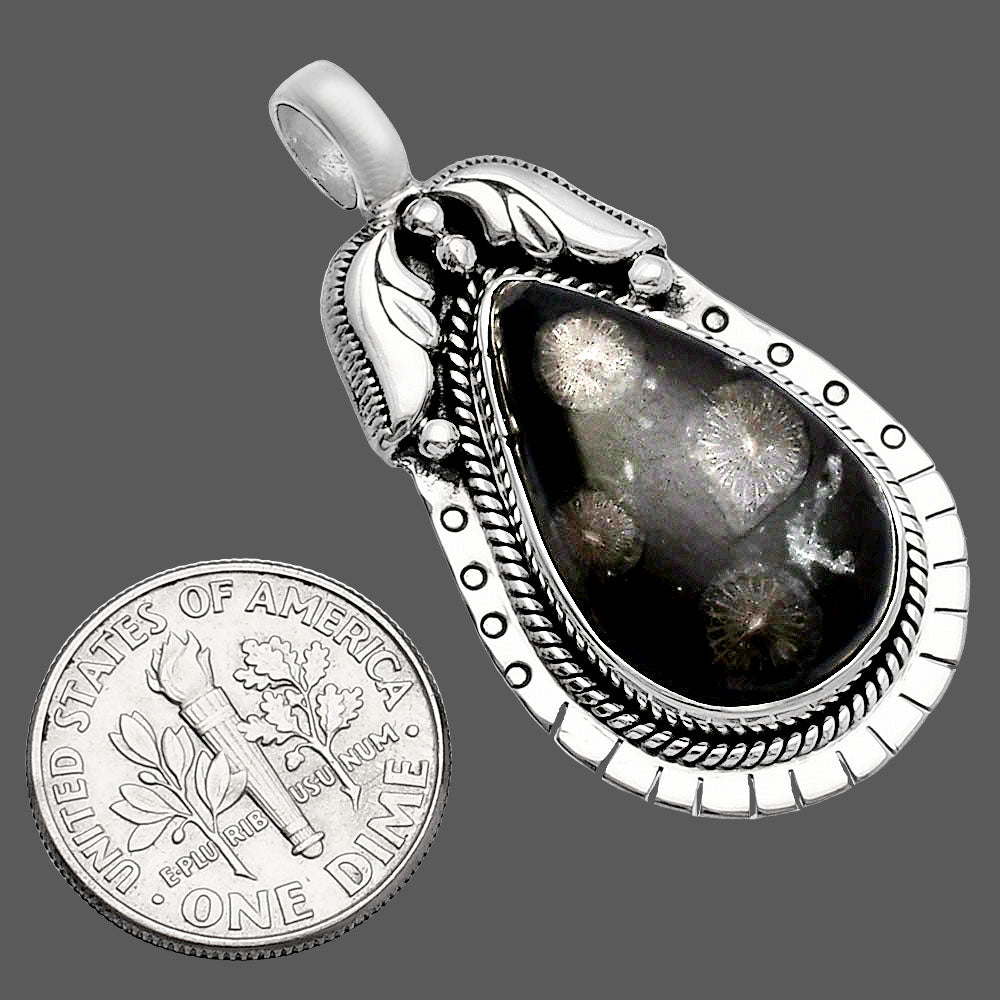 Natural Black Flower Fossil Coral Pendant P-1568 SDP144187