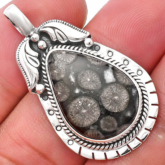 Natural Black Flower Fossil Coral Pendant P-1568 SDP144201