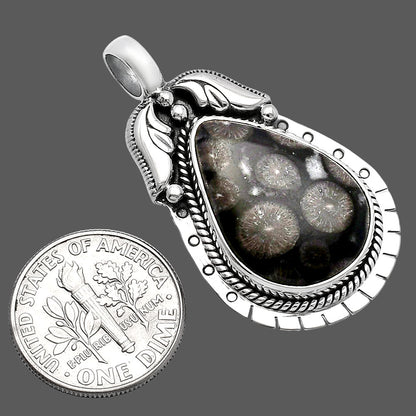 Natural Black Flower Fossil Coral Pendant P-1568 SDP144201