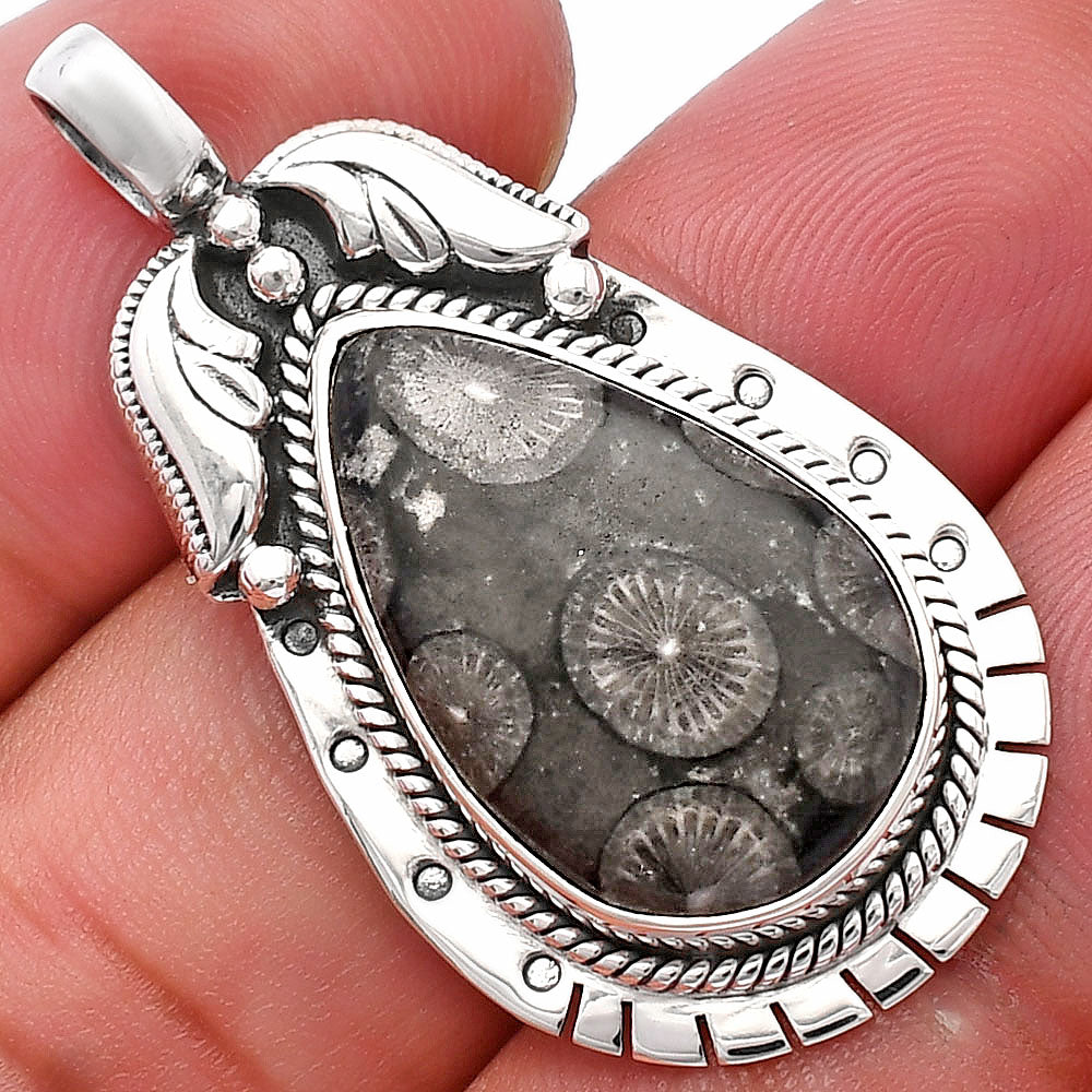 Natural Black Flower Fossil Coral Pendant P-1568 SDP144210