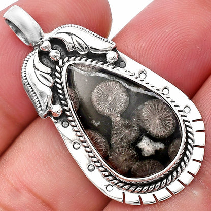 Natural Black Flower Fossil Coral Pendant P-1568 SDP144228