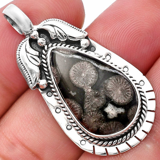 Natural Black Flower Fossil Coral Pendant P-1568 SDP144228