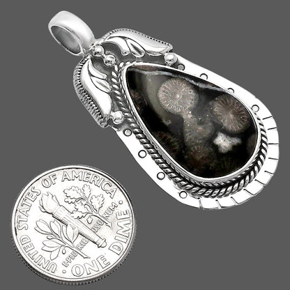 Natural Black Flower Fossil Coral Pendant P-1568 SDP144228