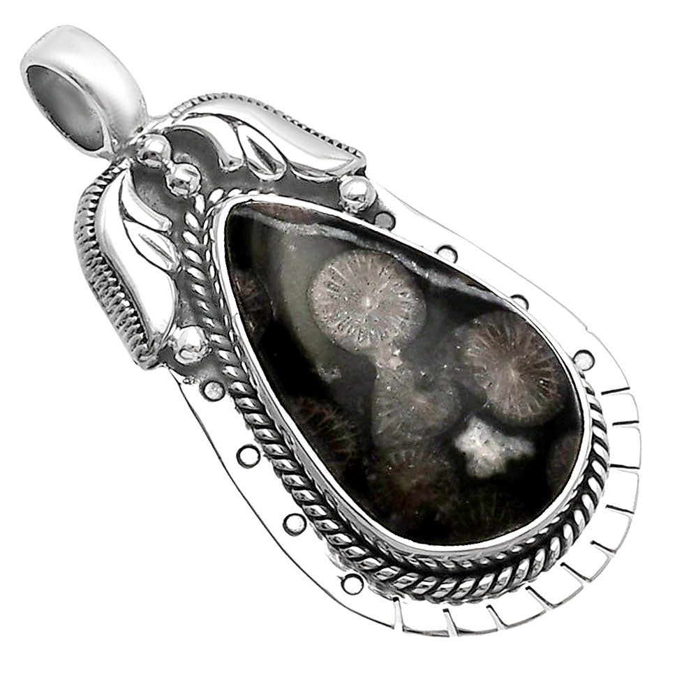 Natural Black Flower Fossil Coral Pendant P-1568 SDP144228