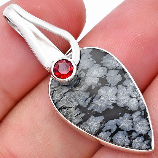 Natural Snow Flake Obsidian & Garnet Pendant P-1251 SDP144283