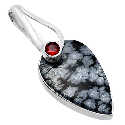 Natural Snow Flake Obsidian & Garnet Pendant P-1251 SDP144283
