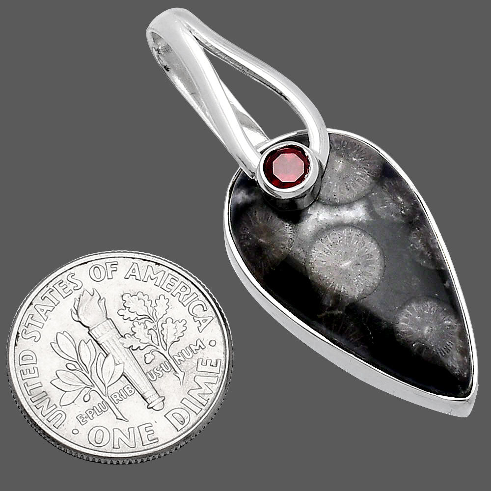 Black Flower Fossil Coral & Garnet Pendant P-1251 SDP144295