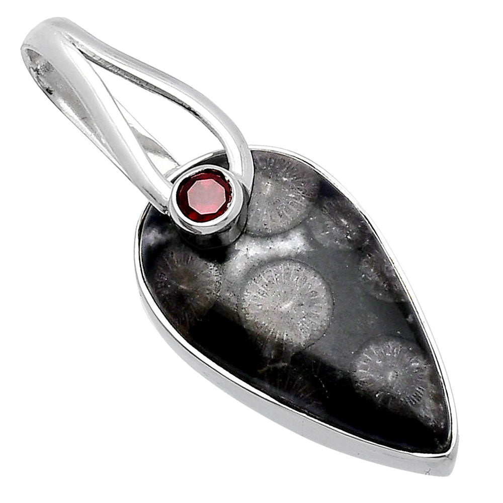 Black Flower Fossil Coral & Garnet Pendant P-1251 SDP144295
