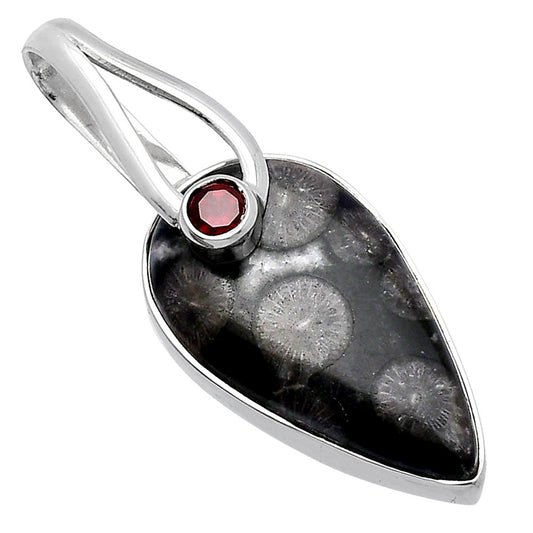 Black Flower Fossil Coral & Garnet Pendant P-1251 SDP144295