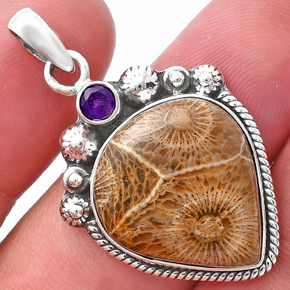 Flower Fossil Coral & Amethyst Pendant P-1482 SDP144368