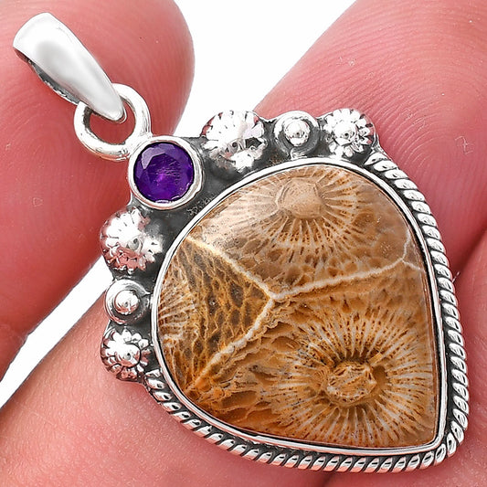 Flower Fossil Coral & Amethyst Pendant P-1482 SDP144368