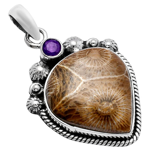 Flower Fossil Coral & Amethyst Pendant P-1482 SDP144368
