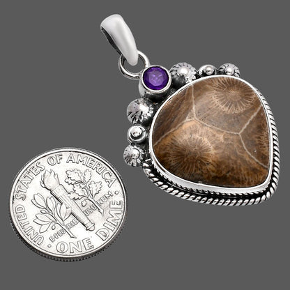 Flower Fossil Coral & Amethyst Pendant P-1482 SDP144385