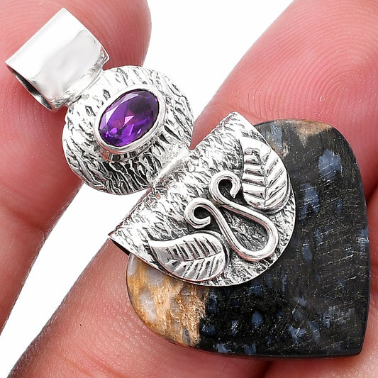 Palm Root Fossil Agate & Amethyst Pendant P-1545 SDP144489
