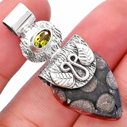 Black Flower Fossil Coral & Peridot Pendant P-1545 SDP144518