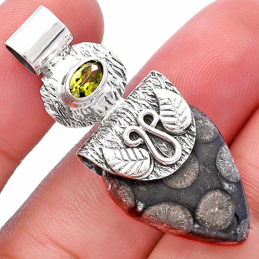Black Flower Fossil Coral & Peridot Pendant P-1545 SDP144518