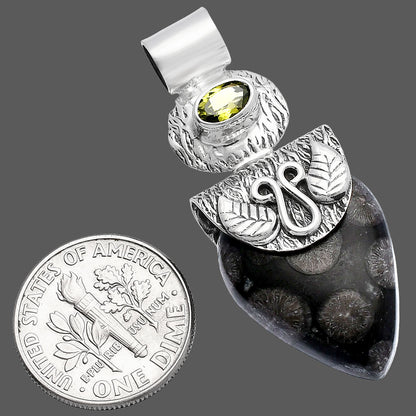 Black Flower Fossil Coral & Peridot Pendant P-1545 SDP144518