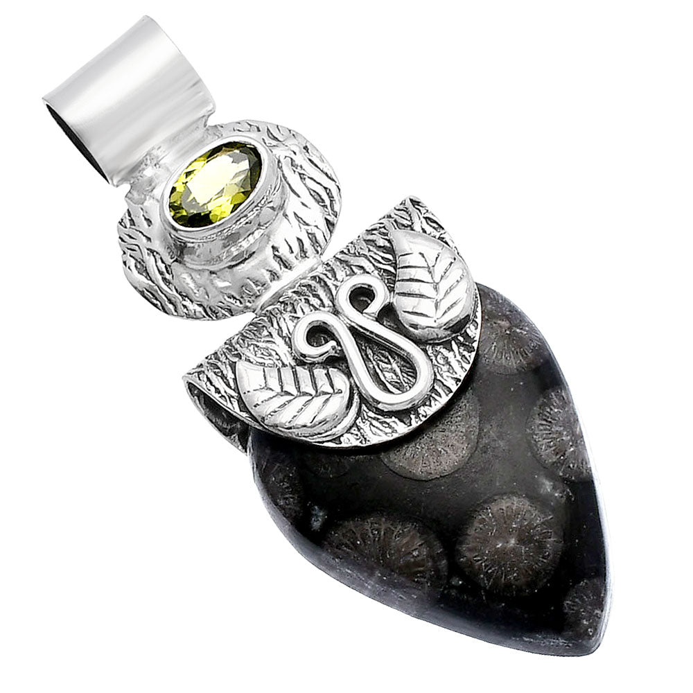 Black Flower Fossil Coral & Peridot Pendant P-1545 SDP144518