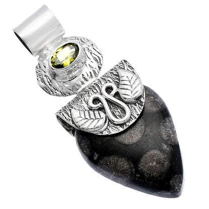 Black Flower Fossil Coral & Peridot Pendant P-1545 SDP144518