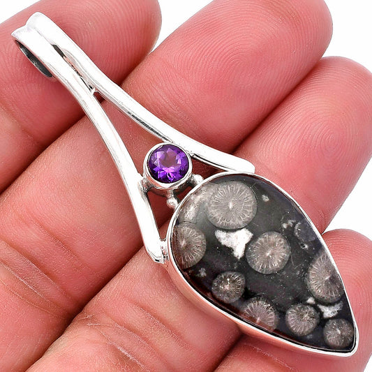 Black Flower Fossil Coral & Amethyst Pendant P-1006 SDP144667