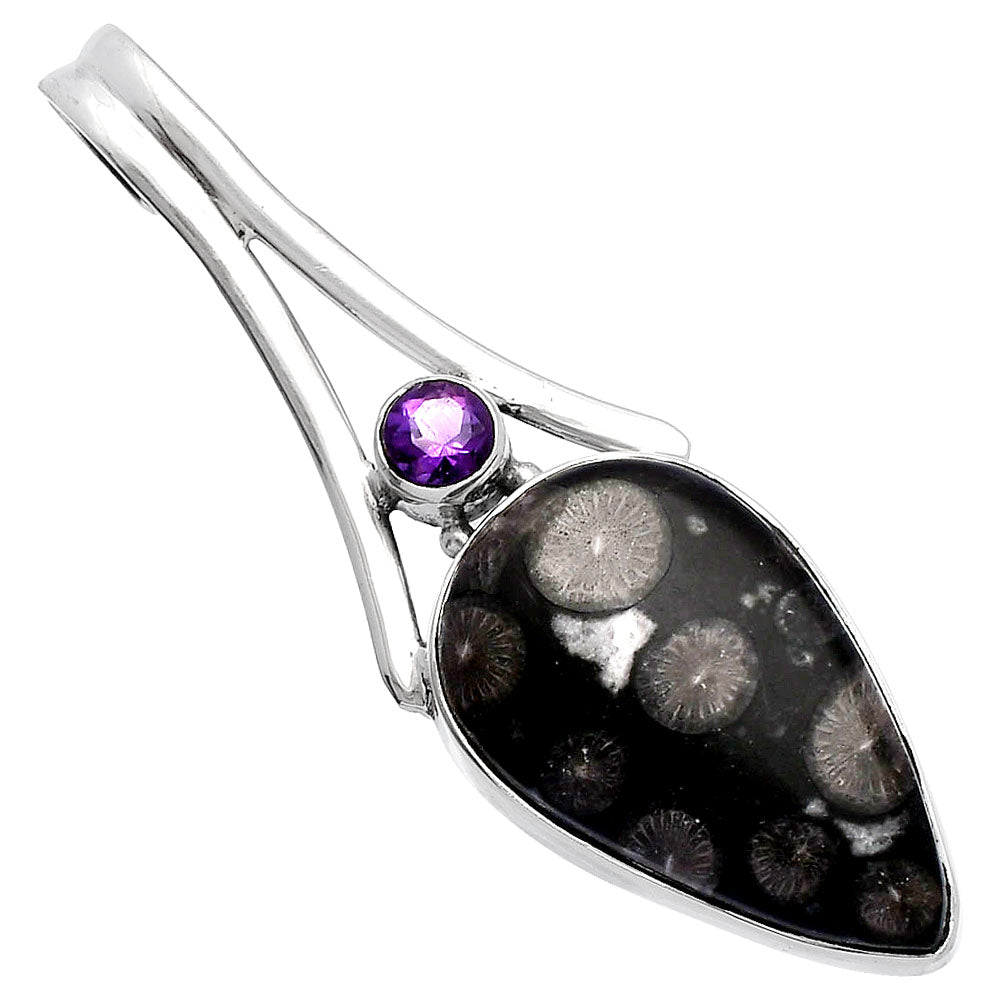 Black Flower Fossil Coral & Amethyst Pendant P-1006 SDP144667