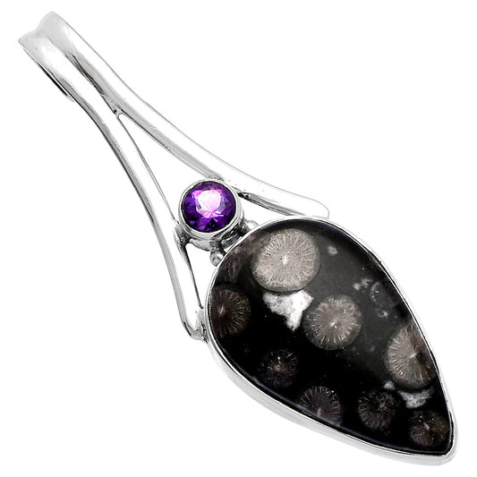 Black Flower Fossil Coral & Amethyst Pendant P-1006 SDP144667