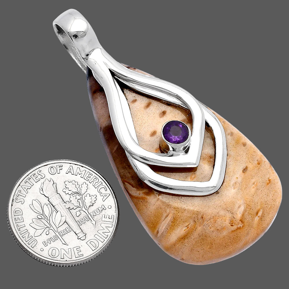 Palm Root Fossil Agate & Amethyst Pendant P-1562 SDP145107